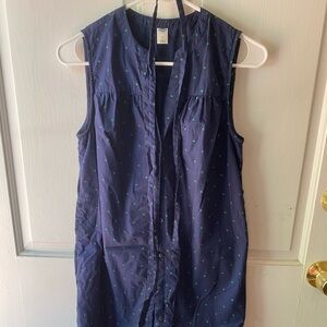 Navy shirt dress with green polka dots, tie waist, size small